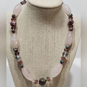 Rose Quartz Cloisonne Beads & Purple Amethyst Bead Necklace